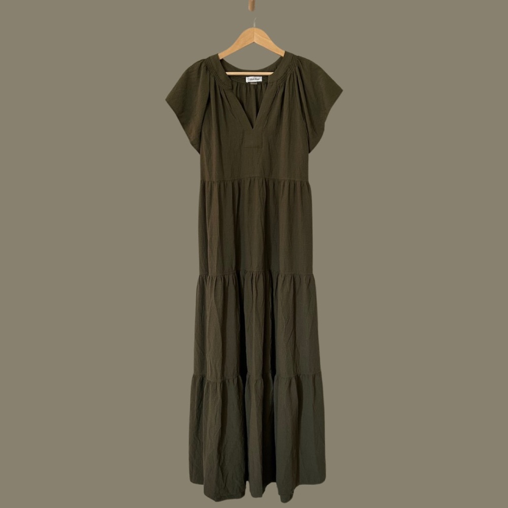Calvin Klein Tiered Gauze Maxi in Olive Green